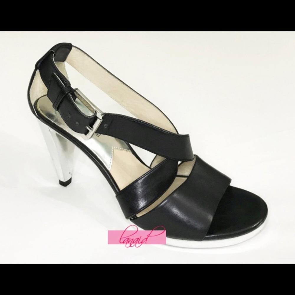 Michael Kors Criss-Cross Wrap Cutout Genuine Leather Shiny Silver Chrome Heels 8